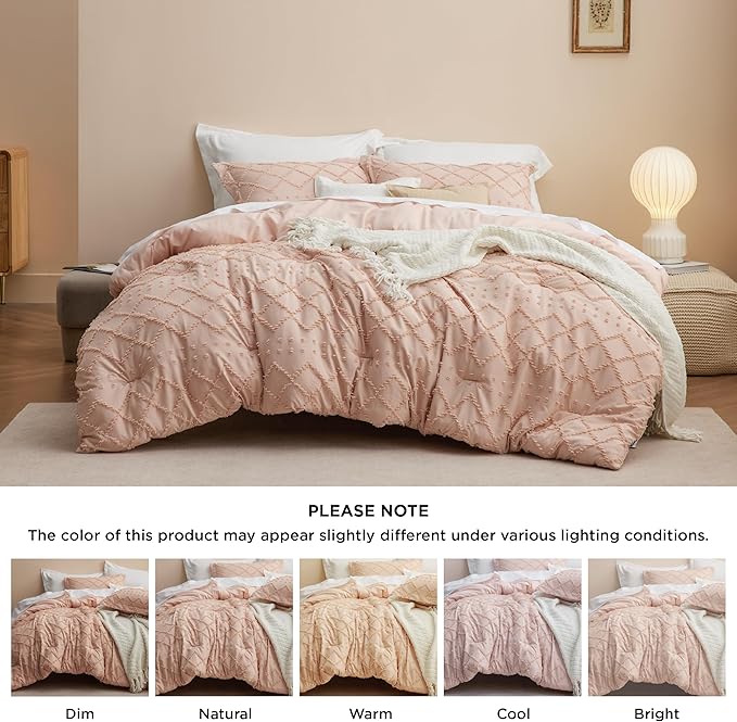 Bedsure Full Size Comforter Set - Coral Pink Comforter, Boho Tufted Shabby Chic Bedding Comforter Set, 3 Pieces Vintage Farmhouse Bed Set for All Seasons, Fluffy Bedding Set with 2 Pillow Shams - LeafyLoom