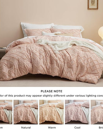 Bedsure Queen Comforter Set - Coral Pink Comforter, Boho Tufted Shabby Chic Bedding Comforter Set, 3 Pieces Vintage Farmhouse Bed Set for All Seasons, Fluffy Soft Bedding Set with 2 Pillow Shams - LeafyLoom