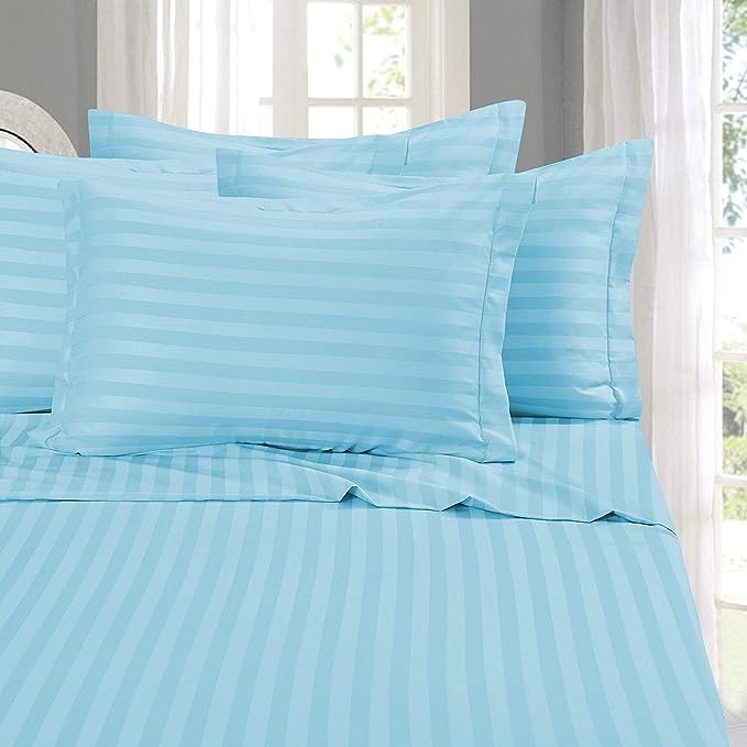 Elegant Comfort Softest and Coziest 4-Piece Sheet Set - 1500 Premium Hotel Quality Microfiber - Luxurious Wrinkle Resistant 4-Piece Damask Stripe Bed Sheet Set, Twin, Aqua Blue - LeafyLoom