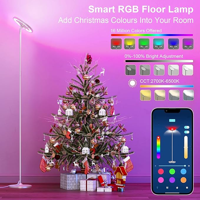 Keepsmile Silver Double Side Lighting LED Floor Lamp with Remote Smart App 36W 2600LM Bright Tall Standing RGB Floor Lamp Angle Multicolor Dimmable Modern Floor Lamps for Living Room Bedroom - LeafyLoom