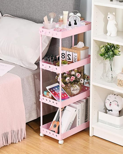 TOOLF 4 Tier Utility Cart with Wheels, Rolling Cart with Adjustable Divider & Hooks, Cart Organizer for Diaper Craft Snack, Narrow Storage Cart for Laundry Bedroom Bathroom Kitchen, Pink - LeafyLoom