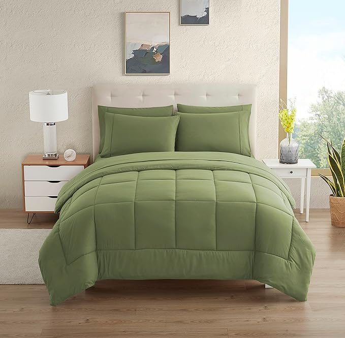 Dorm Room Essentials College Bedding Comforter Set 5 Piece Twin XL Size Bed in a Bag for College Students Boys and Girls, Twin XL, Sage Green - LeafyLoom