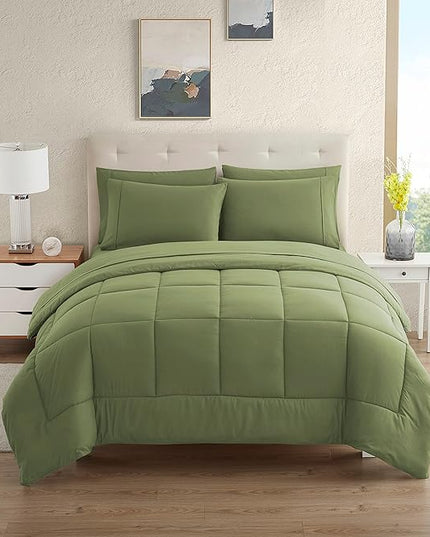 Dorm Room Essentials College Bedding Comforter Set 7 Piece Full Size Bed in a Bag for College Students Boys and Girls, Full, Sage Green - LeafyLoom