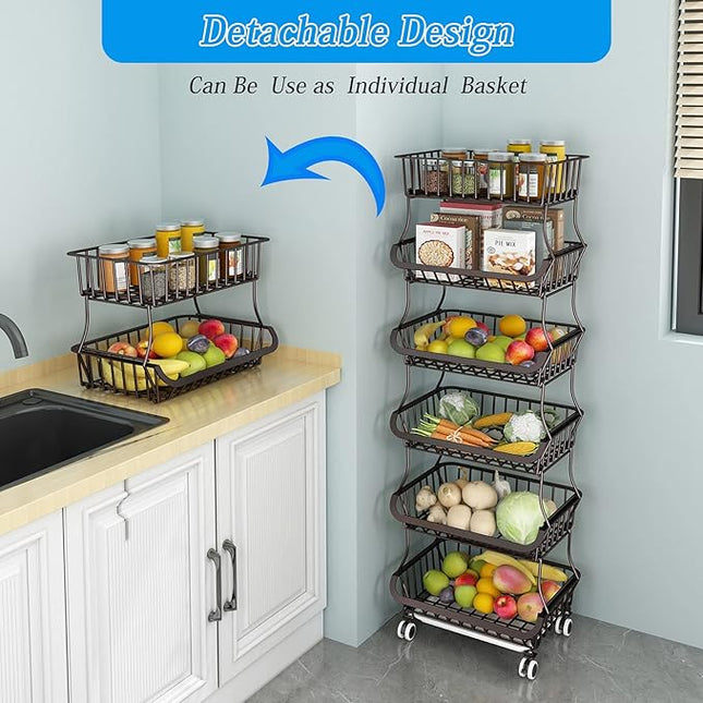 Wisdom Star 6 Tier Fruit Vegetable Basket for Kitchen, Vegetable Bins for Onions and Potatoes, Wire Storage Organizer Utility Cart with Wheels,Bronze - LeafyLoom