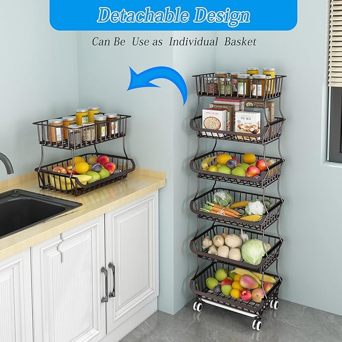Wisdom Star 6 Tier Fruit Vegetable Basket for Kitchen, Vegetable Bins for Onions and Potatoes, Wire Storage Organizer Utility Cart with Wheels,Bronze - LeafyLoom