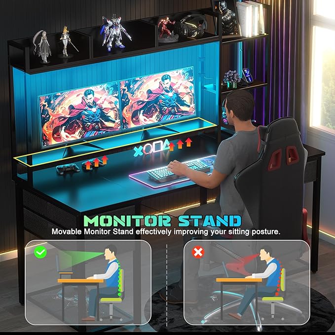 Aheaplus Desk with LED and Outlets, Gaming Desk with Hutch, 47.2'' Computer Desk with Drawers, Reversible Office Desk with Storage Bookshelf Large Workstation Desk with Shelf, Desk for Home, Black - LeafyLoom