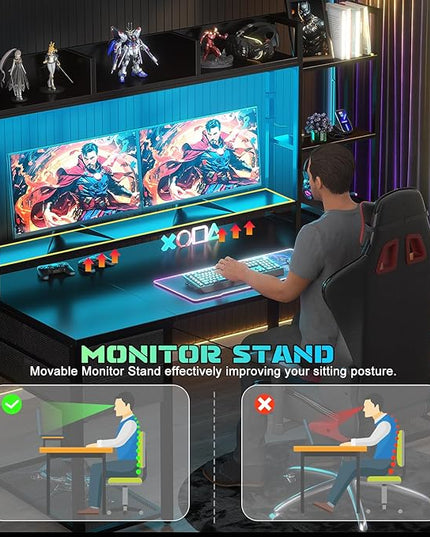 Aheaplus Desk with LED and Outlets, Gaming Desk with Hutch, 55.2'' Computer Desk with Drawers, Reversible office desk with storage bookshelf Large Workstation Desk with Shelf, Desk for Home, Black - LeafyLoom