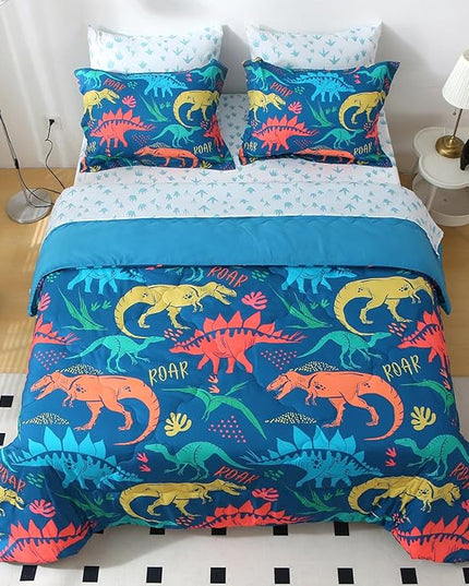 Wajade Boys Dinosaur Comforter Set Bed in A Bag Queen Size 7 Piece 3D Blue Dinosaur Print Bedding Set for Kids Teens(1 Comforter, 1 Flat Sheet, 1 Fitted Sheet, 2 Pillowcase and 2 Pillow Sham) - LeafyLoom