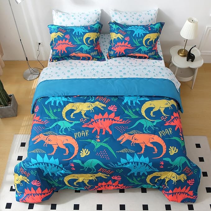 Wajade Boys Dinosaur Comforter Set Bed in A Bag Queen Size 7 Piece 3D Blue Dinosaur Print Bedding Set for Kids Teens(1 Comforter, 1 Flat Sheet, 1 Fitted Sheet, 2 Pillowcase and 2 Pillow Sham) - LeafyLoom