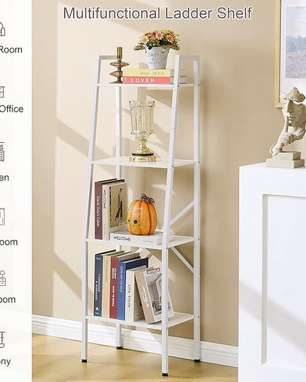 Hoctieon Ladder Shelf Bookcase, 4-Tier Ladder Bookshelf, Tall Bookshelf with Metal Frame, Industrial Bookshelf Ladder, for Living Room, Kitchen, Home Office, Bedroom, Simple Assembly, White - LeafyLoom