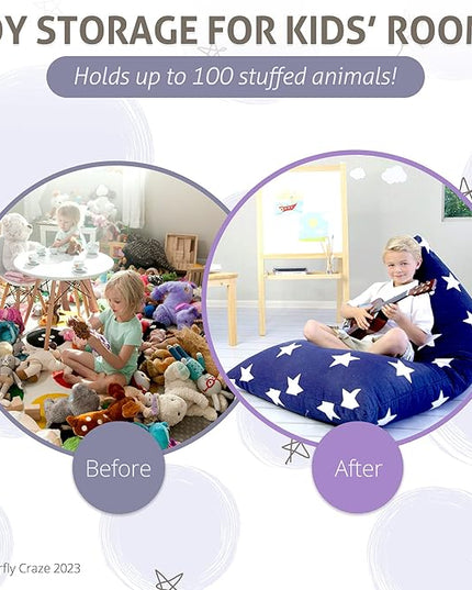 Butterfly Craze Bean Bag Chair Cover, Functional Toddler Toy Organizer, Fill with Stuffed Animals to Create a Jumbo, Comfy Floor Lounger for Boys or Girls, Stuffing Not Included, Navy Stars - LeafyLoom