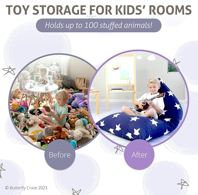 Butterfly Craze Bean Bag Chair Cover, Functional Toddler Toy Organizer, Fill with Stuffed Animals to Create a Jumbo, Comfy Floor Lounger for Boys or Girls, Stuffing Not Included, Navy Stars - LeafyLoom