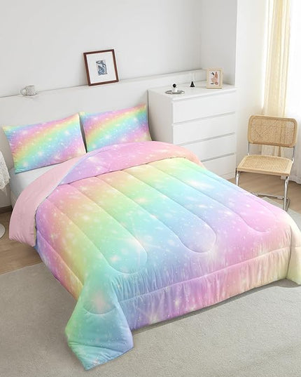 Erosebridal Rainbow Bedding Set for Kids Girls Teens Women Tie Dye Pastel Comforter Set Full Size Golden Stars Glitter Bedding Comforter Set Watercolor Art Girly Quilt Set Sweet Bedroom Decor 3 Piece - LeafyLoom