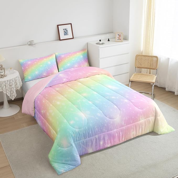 Erosebridal Rainbow Bedding Set for Kids Girls Teens Women Tie Dye Pastel Comforter Set Full Size Golden Stars Glitter Bedding Comforter Set Watercolor Art Girly Quilt Set Sweet Bedroom Decor 3 Piece - LeafyLoom