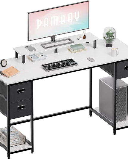 Pamray 55 Inch Computer Desk with Non-woven Storage Drawers and Monitor Stand Home Office Desk for Bedroom Study Table Writing and Work Desk White - LeafyLoom