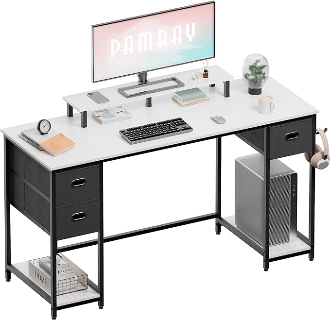 Pamray 55 Inch Computer Desk with Non-woven Storage Drawers and Monitor Stand Home Office Desk for Bedroom Study Table Writing and Work Desk White - LeafyLoom