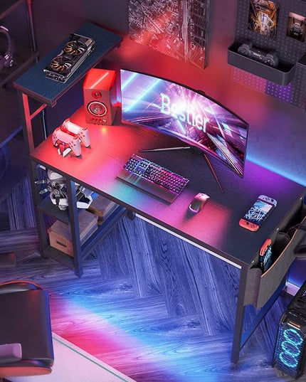 Bestier Gaming Desk with LED Lights, 44 Inch PC Gamer Desk for Small Spaces, Computer Desk with Reversible Storage Shelves & Side Storage Bag (Black Grained) - LeafyLoom