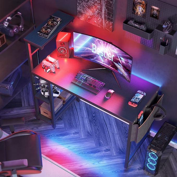 Bestier Gaming Desk with LED Lights, 44 Inch PC Gamer Desk for Small Spaces, Computer Desk with Reversible Storage Shelves & Side Storage Bag (Black Grained) - LeafyLoom