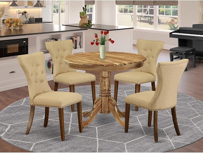 East West Furniture ANGA5-ANA-03 5 Piece Dining Set for 4 Includes a Round Kitchen Table with Pedestal and 4 Brown Linen Fabric Upholstered Parson Chairs - LeafyLoom