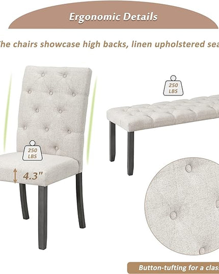 Farmhouse Rectangular 72" Wood, 4 Upholstered Chairs with Bench, Easy to Assemble, for Living, Guest Room, Home Bar and Kitchen, 6 Piece Dining Table Set, Gray 14 - LeafyLoom