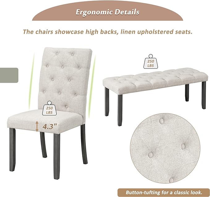 Farmhouse Rectangular 72" Wood, 4 Upholstered Chairs with Bench, Easy to Assemble, for Living, Guest Room, Home Bar and Kitchen, 6 Piece Dining Table Set, Gray 14 - LeafyLoom