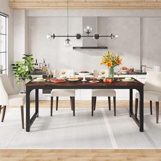 78.7 Inch X-Large Dining Table Rectangular Kitchen Furniture for 6 to 8 People, Brown - LeafyLoom
