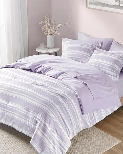 Codi Lavender Purple Queen Comforter Set with Sheets, Striped Bed in a Bag Reversible for All Seasons, Cationic Dyeing Bedding Sets with Comforter, Sheets, Pillowcases & Shams - LeafyLoom