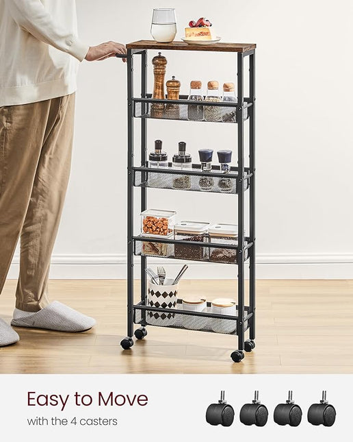 VASAGLE Slim Rolling Cart, 5-Tier Storage Cart, Narrow Cart with Handle, 5.1 Inches Deep, Metal Frame, for Kitchen, Dining Room, Living Room, Home Office, Rustic Brown and Black ULRC034B01 - LeafyLoom