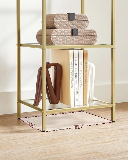 VASAGLE Bookcase, 5-Tier Bookshelf, Slim Shelving Unit for Bedroom, Bathroom, Home Office, Tempered Glass, Steel Frame, Metallic Gold ULGT029A01 - LeafyLoom