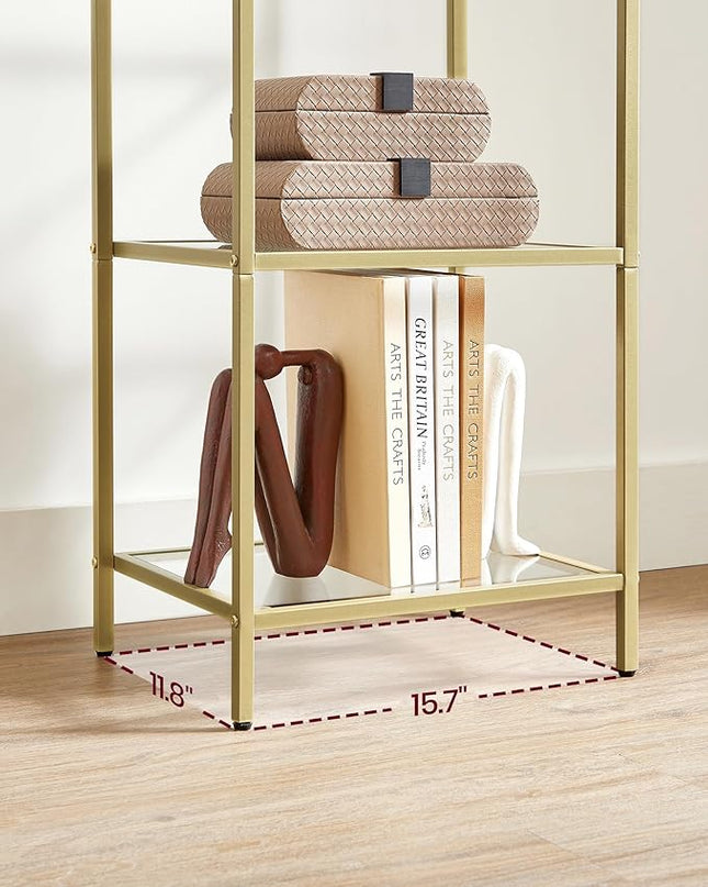 VASAGLE Bookcase, 5-Tier Bookshelf, Slim Shelving Unit for Bedroom, Bathroom, Home Office, Tempered Glass, Steel Frame, Metallic Gold ULGT029A01 - LeafyLoom