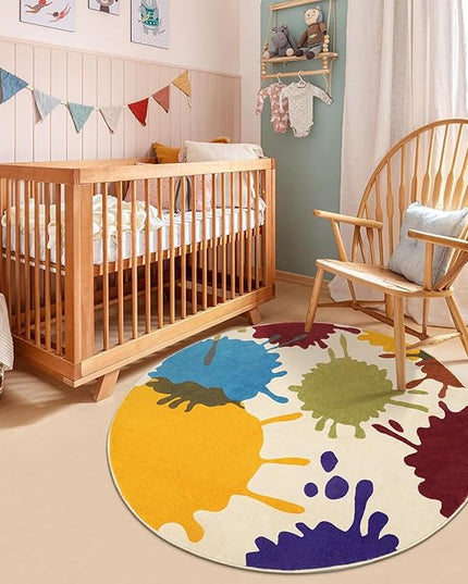 Art Round Rug for Playroom, 4'x4' Colorful Kids Rug for Nursery, Non-Slip Small Circle Rug for Kids Room, Machine Washable Bedroom Rug Soft Circular Office Carpet for Preschool Dorm - LeafyLoom