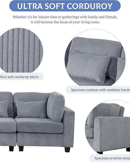 99.6" 5 Pieces L-Shaped Modular Sectional Sofa with Removable Ottomans and Waist Pillows, Modern Corduroy Fabric Upholstered Couch for Living Room, Apartment, Studio, Grey, 99.6 Inch - LeafyLoom