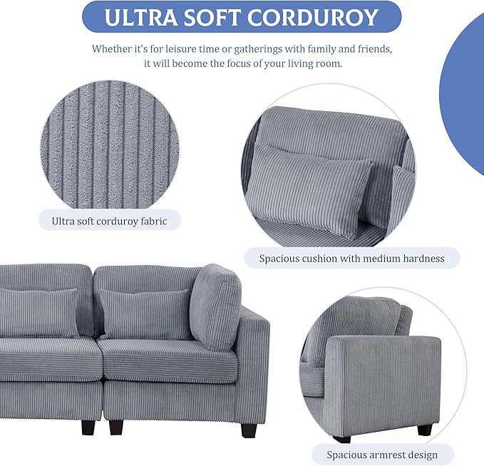99.6" 5 Pieces L-Shaped Modular Sectional Sofa with Removable Ottomans and Waist Pillows, Modern Corduroy Fabric Upholstered Couch for Living Room, Apartment, Studio, Grey, 99.6 Inch - LeafyLoom