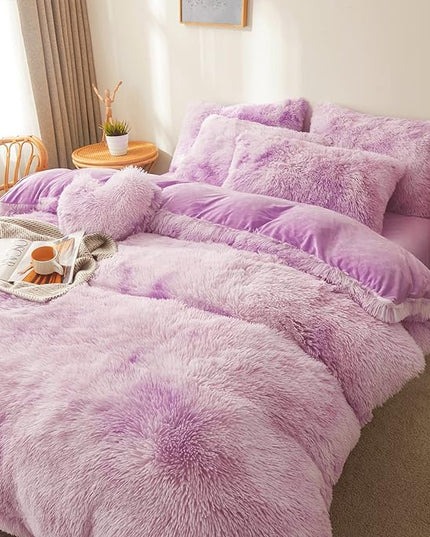 Tie dye Lavender Plush Fluffy Comforter Cover Set Queen - Ultra Soft Faux Fur tie dye Bedding Sets 3 Pieces (1 Shaggy Duvet Cover + 2 Pillow case) Fluffy Bed Set (Tie Dye Lavender, Queen) - LeafyLoom