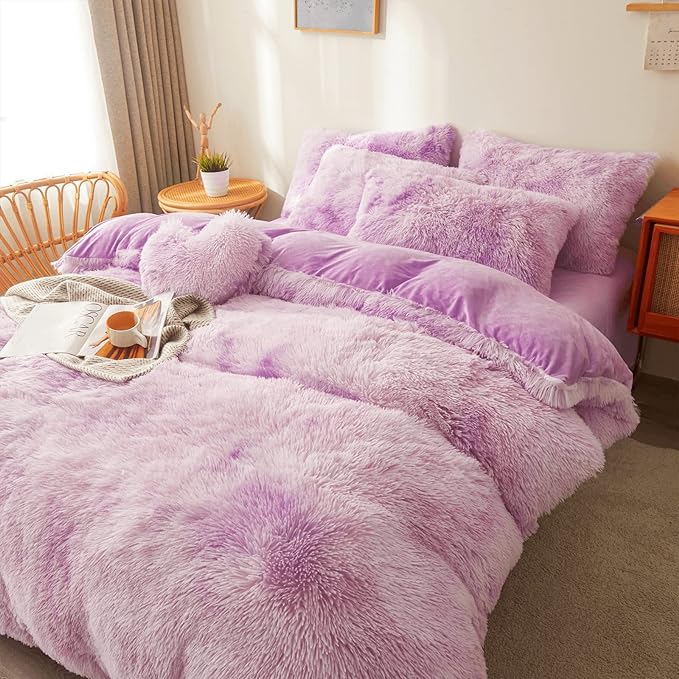 Tie dye Lavender Plush Fluffy Comforter Cover Set Queen - Ultra Soft Faux Fur tie dye Bedding Sets 3 Pieces (1 Shaggy Duvet Cover + 2 Pillow case) Fluffy Bed Set (Tie Dye Lavender, Queen) - LeafyLoom