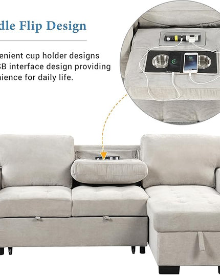 Convertible Sleeper Sectional Sofa Pull Out Bed with Right Hand Chaise Lounge, L-Shaped Velvet Upholstered Corner Couches, Pullout Sofabed with Storage and Drop Down Table & USB Charger - LeafyLoom