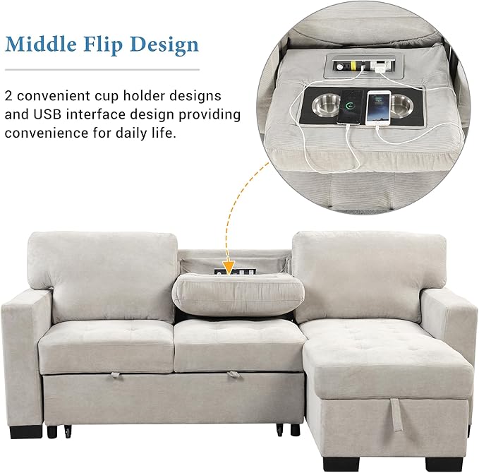 Convertible Sleeper Sectional Sofa Pull Out Bed with Right Hand Chaise Lounge, L-Shaped Velvet Upholstered Corner Couches, Pullout Sofabed with Storage and Drop Down Table & USB Charger - LeafyLoom