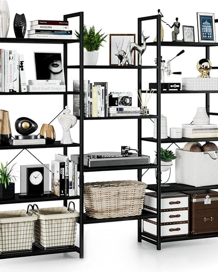 NUMENN Triple Wide 5 Tier Bookshelf, Rustic Industrial Style Bookcases and Bookshelves with 14 Open Display Shelves, Modern Tall Bookcase Furniture for Bedroom, Living Room and Home Office, Black - LeafyLoom
