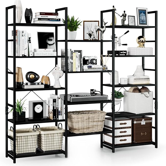 NUMENN Triple Wide 5 Tier Bookshelf, Rustic Industrial Style Bookcases and Bookshelves with 14 Open Display Shelves, Modern Tall Bookcase Furniture for Bedroom, Living Room and Home Office, Black - LeafyLoom