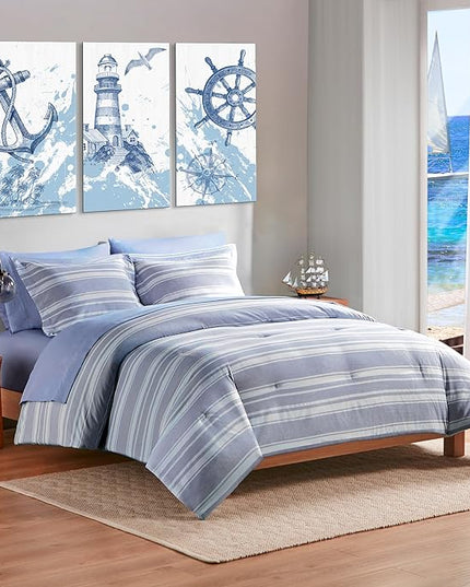 Full Size Comforter Set with Sheets, Modern Blue and White Striped Bed in a Bag, 7-Piece Complete Bedding Set Including Reversible Comforter, 2 Sheets, Pillowcases & Shams - LeafyLoom