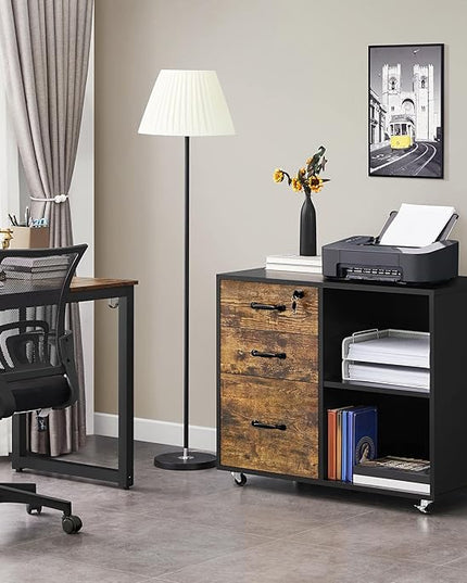 Yaheetech Lateral File Cabinet with Lock for Letter, A4 Size, 3 Drawer Printer Stand with Open Storage Compartments, Mobile Filing Cabinet for Home Office, Black/Rustic Brown - LeafyLoom