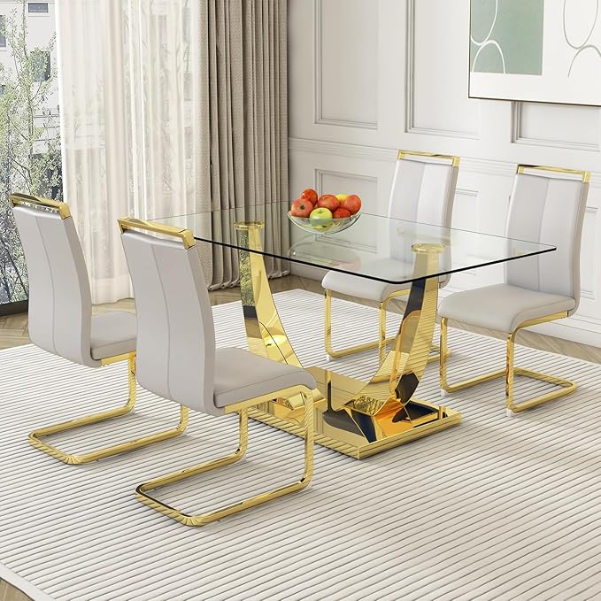 Modern Dining Chairs Set of 4,High Back Kitchen Chairs,Faux Leather Side Chair with Gold Plated Metal Legs,Easy to Clean Upholstered Dining Chairs,Ideal for Living Room(Gold Leg) - LeafyLoom