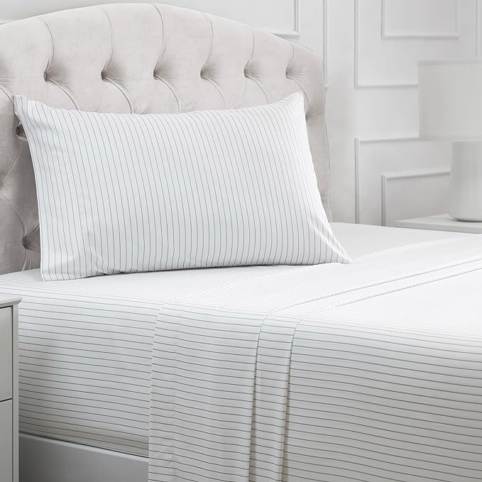 Mellanni Twin Sheets Set - 3 PC Iconic Collection Bedding Sheets & Pillowcases - Hotel Luxury, Extra Soft, Cooling Bed Sheets - Deep Pocket up to 16 inch (Twin, Pin Stripe Gray) - LeafyLoom