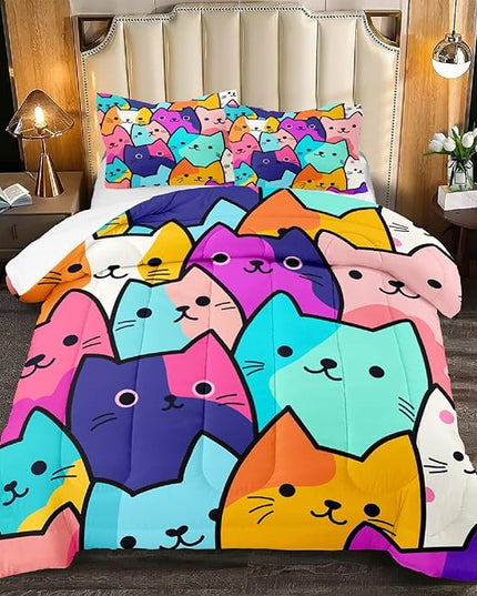 Cat Comforter Set Queen - Queen Size Colorful Cat Comforter Set for Kids Cute Cat Themed Bedding Queen Cartoon Cat Bedding for Girls, 1 Comforter+2 Pillowcases - LeafyLoom