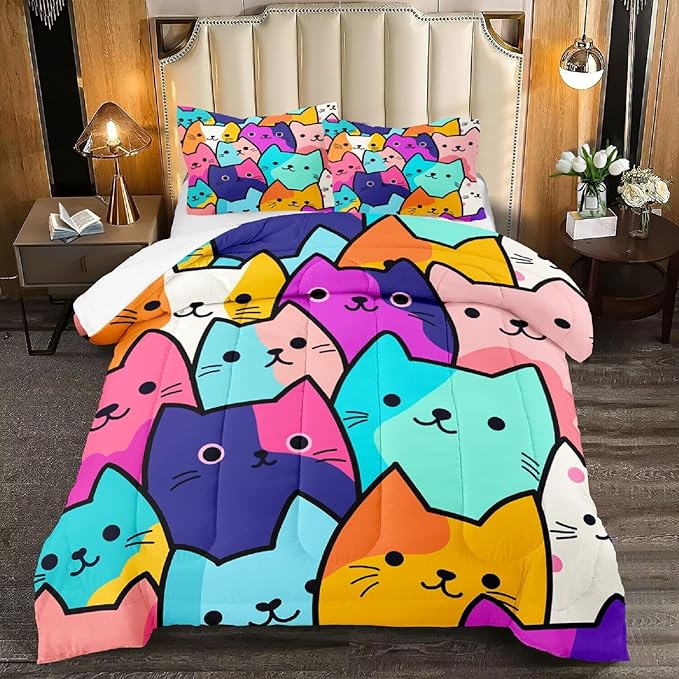 Cat Comforter Full Size - Full Size Comforter Girl Cat Cute Cat Bedding for Girls Kids Full Size Bedding Set Cats Colorful Cartoon Cat Comforter Set, 1 Comforter+2 Pillowcases - LeafyLoom