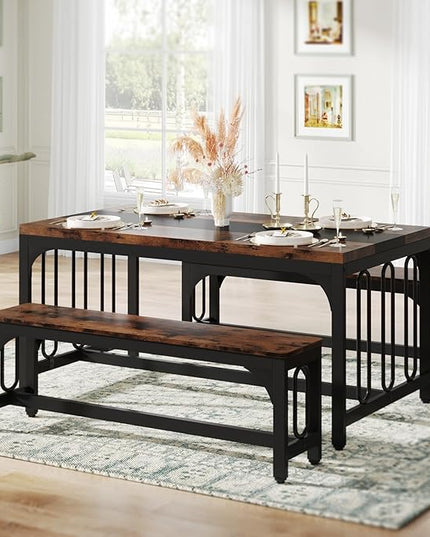 Tribesigns 55 Inch Dining Table Set for 4-6, 3-Piece Kitchen Table with 2 Benches, Space-Saving Dining Room Table Set for Home Kitchen, Restaurant, Rustic Brown - LeafyLoom
