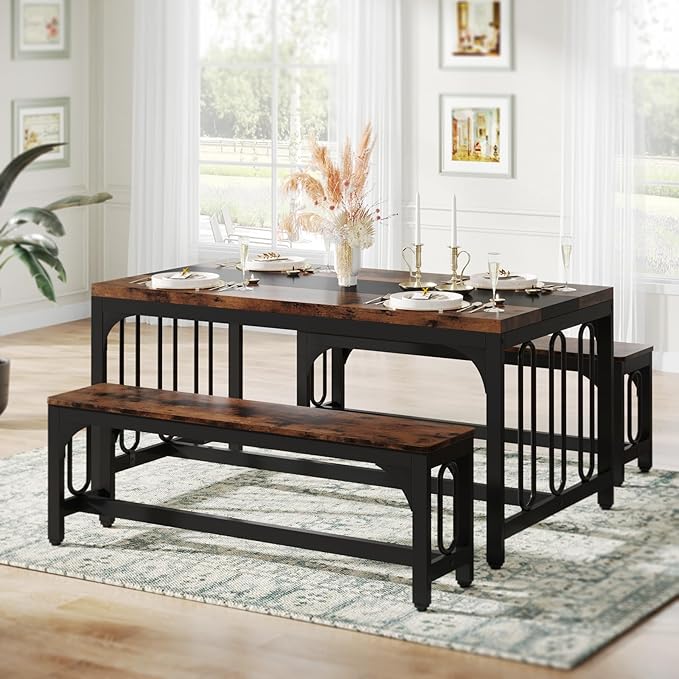 Tribesigns 55 Inch Dining Table Set for 4-6, 3-Piece Kitchen Table with 2 Benches, Space-Saving Dining Room Table Set for Home Kitchen, Restaurant, Rustic Brown - LeafyLoom