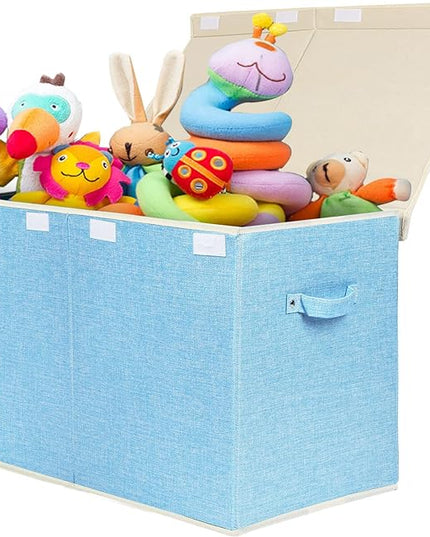 popoly Large Toy Box Chest with Lid, Collapsible Sturdy Toy Bin Storage Organizer Boxes Baskets for Kids, Boys, Girls, Nursery, Playroom, 25"x13" x16" (Linen Blue) - LeafyLoom