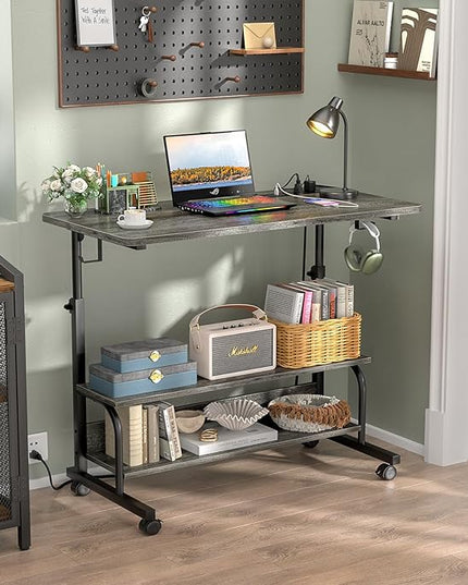32" Height Adjustable Standing Desk with Power Outlets - Manual Rolling Stand Up Desk with Wheels Small Portable Computer Desk Mobile Laptop Table with Storage Shelves for Home Office, Grey Oak - LeafyLoom