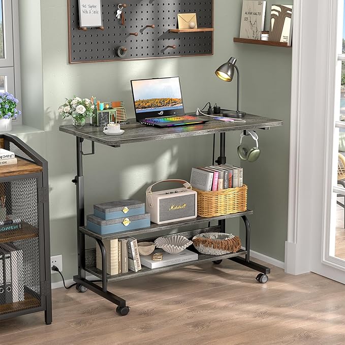 32" Height Adjustable Standing Desk with Power Outlets - Manual Rolling Stand Up Desk with Wheels Small Portable Computer Desk Mobile Laptop Table with Storage Shelves for Home Office, Grey Oak - LeafyLoom